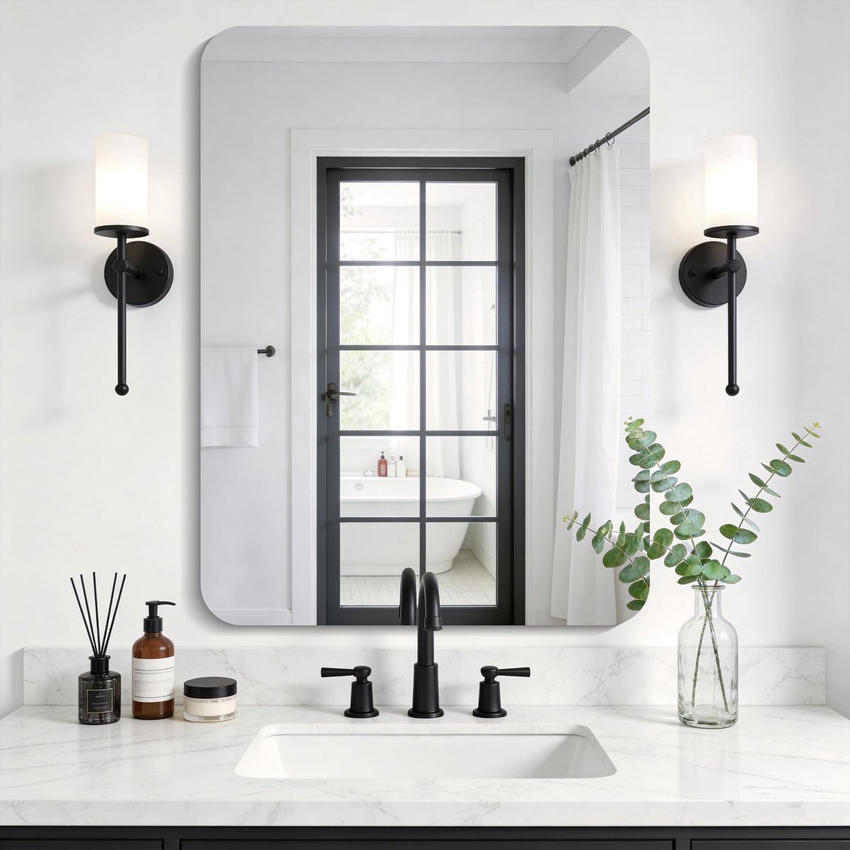 SnelShoppen - Lijstloze Rechthoekige Badkamerspiegel 60x80 cm - Onbreekbaar Glas, HD-weerspiegeling, Afgeronde Hoeken - Wandspiegel voor Badkamer, Toi