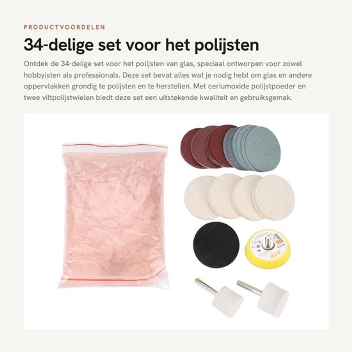 Polijstset 34-delig - Polijstmiddel - Polijstpasta - Polijstschijven - Viltpolijstwielen - Capaciteit 230 g - Glaspolijstset