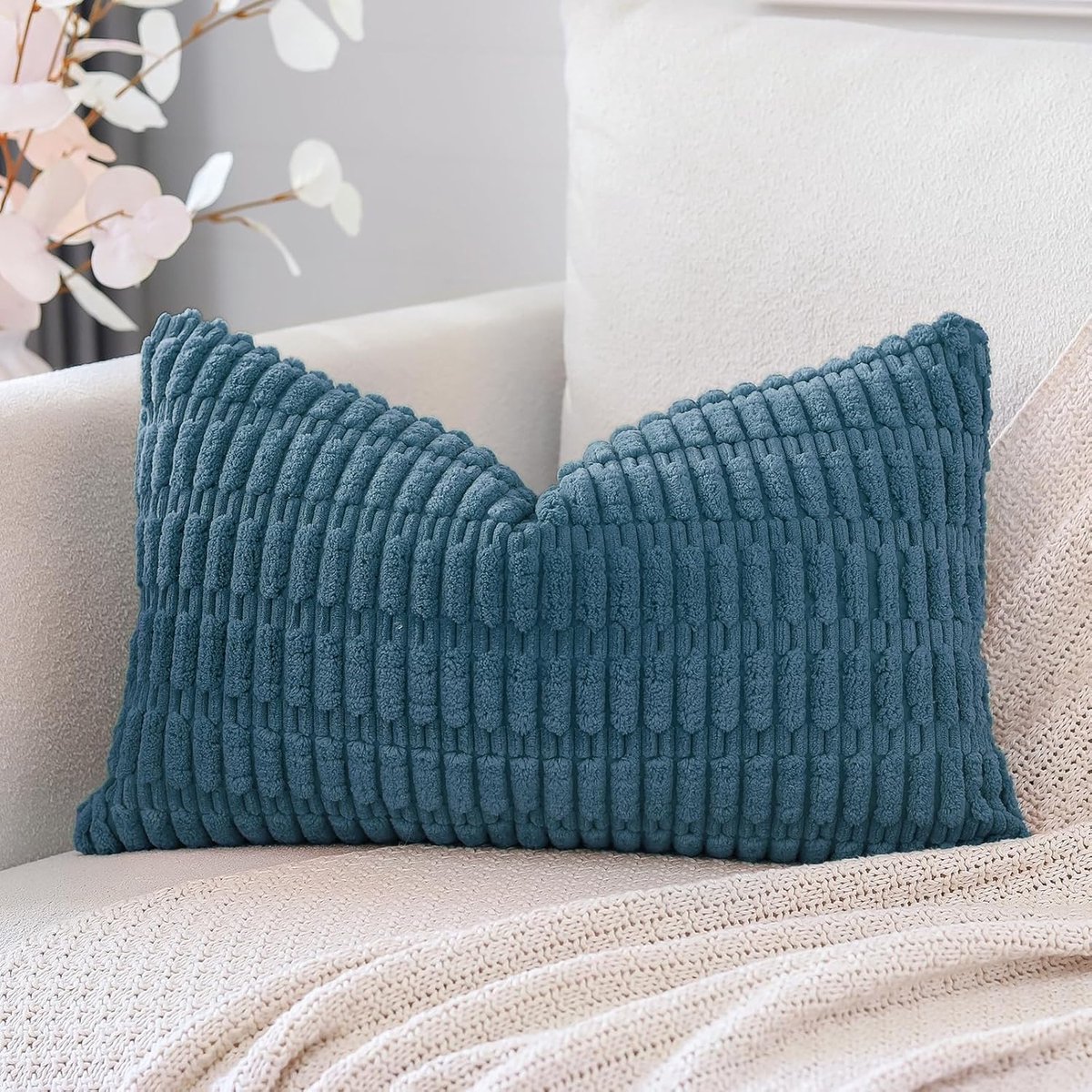 SnelShoppen - Boho Striped Corduroy Kussenhoes 30x50 cm - Superzacht Decoratief Kussen voor Sofa, Slaapkamer, Auto - Teal Blauw