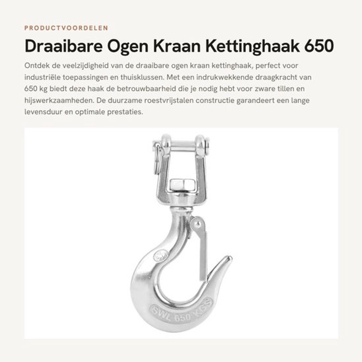 Kettinghaak Draaibaar 650/1000 kg - Roestvrij Staal - Sluiting - Industriële Toepassing - Hoogwaardige Kwaliteit - Functioneel Ontwerp - Hijshaak