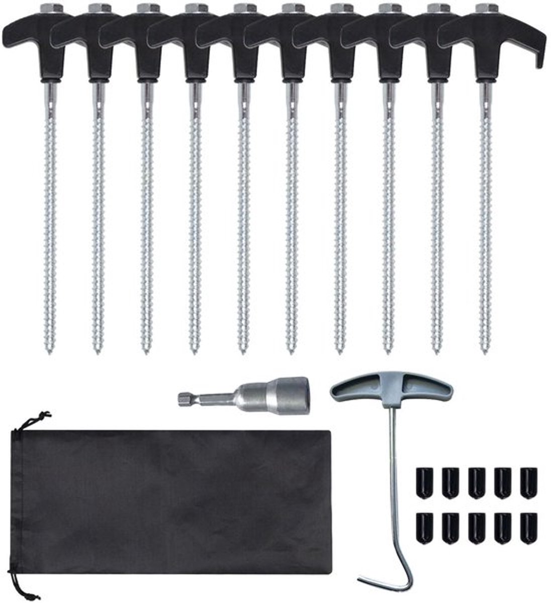 Tentharingen 10-delig - Stalen Haringen 20 cm - Grondanker Camping - Schroefdraad - Lichtgewicht - Opbergtas inbegrepen - Grondankers