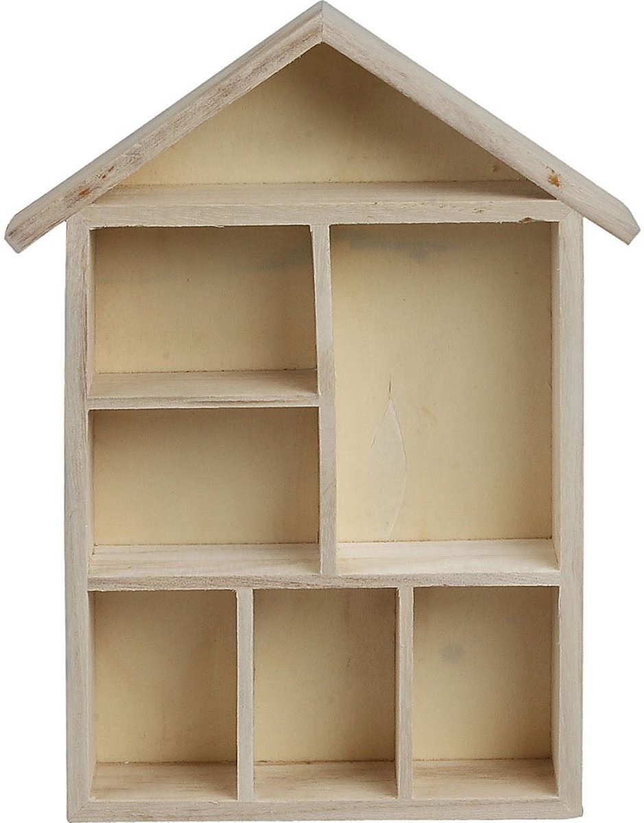 SnelShoppen - Houten rek in huisvorm met 7 vakken - Beige decoratie voor woonkamer, kinderkamer, keuken - Multifunctioneel opbergmeubel