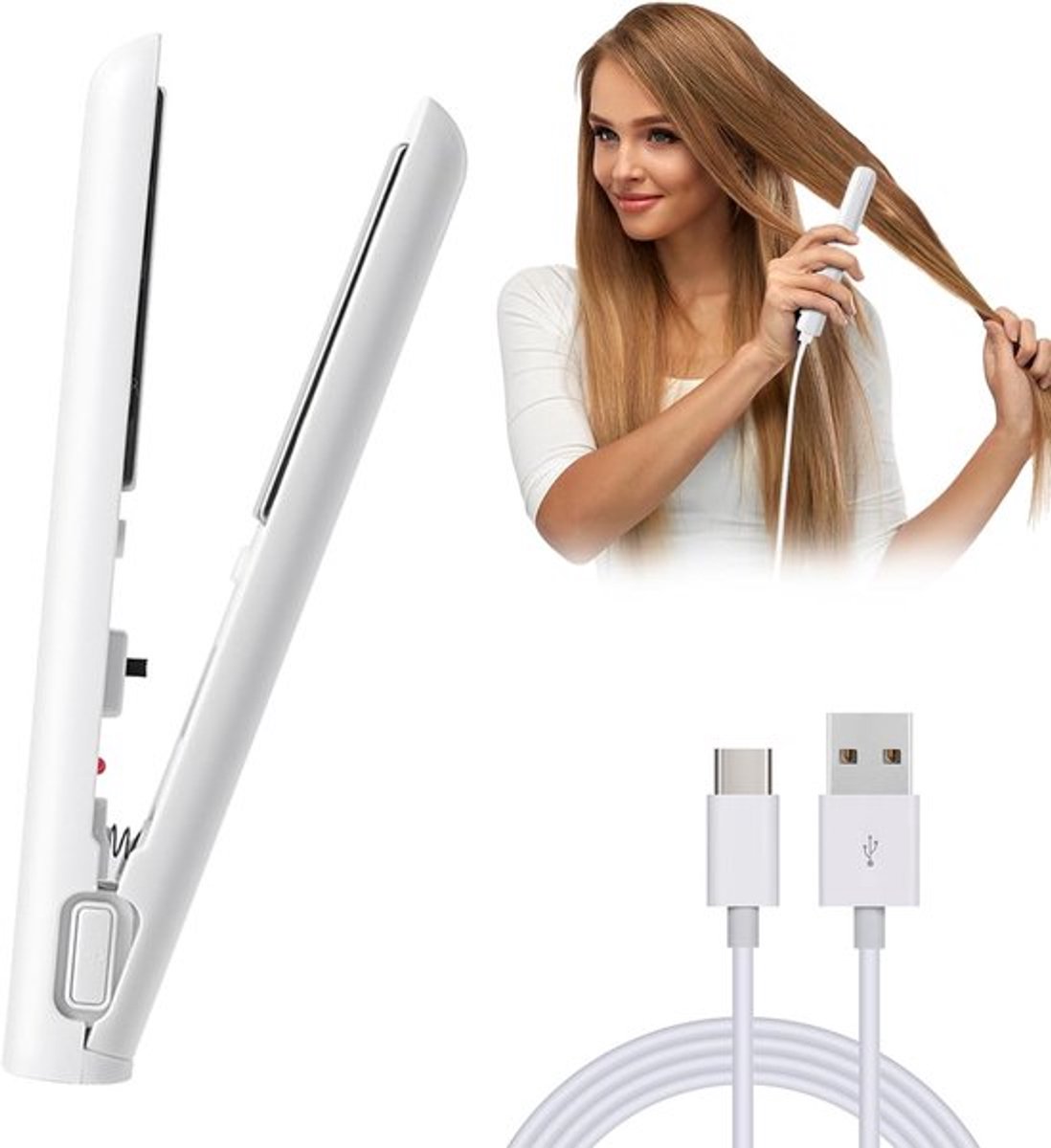 SnelShoppen - Mini Haarsteiler USB Draadloze Haarstyler 2-in-1 Reis Straightener en Krultang - Voor Alle Haartypes - Ideaal voor Feest, Camping en Rei