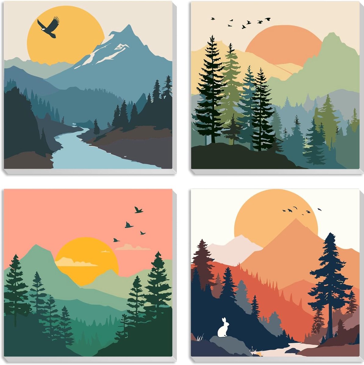 SnelShoppen - Set van 4 schilderen-op-nummers voor kinderen met frame, doe-het-zelf acryl-olieverf, 20x20 cm, kleurrijke wanddecoratie voor thuis, cad