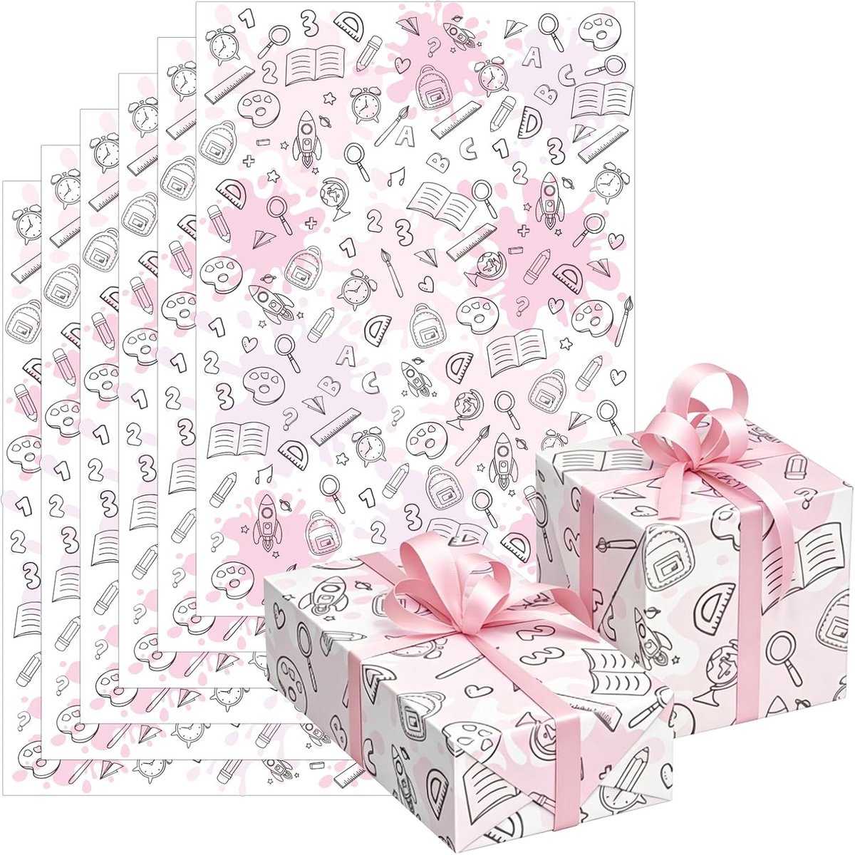 Cadeaupapier voor schoolkinderen - 6 vellen met kleurrijk letterpatroon voor de eerste schooldag, 50 x 70 cm, perfect voor schoolcadeaus en decoratie