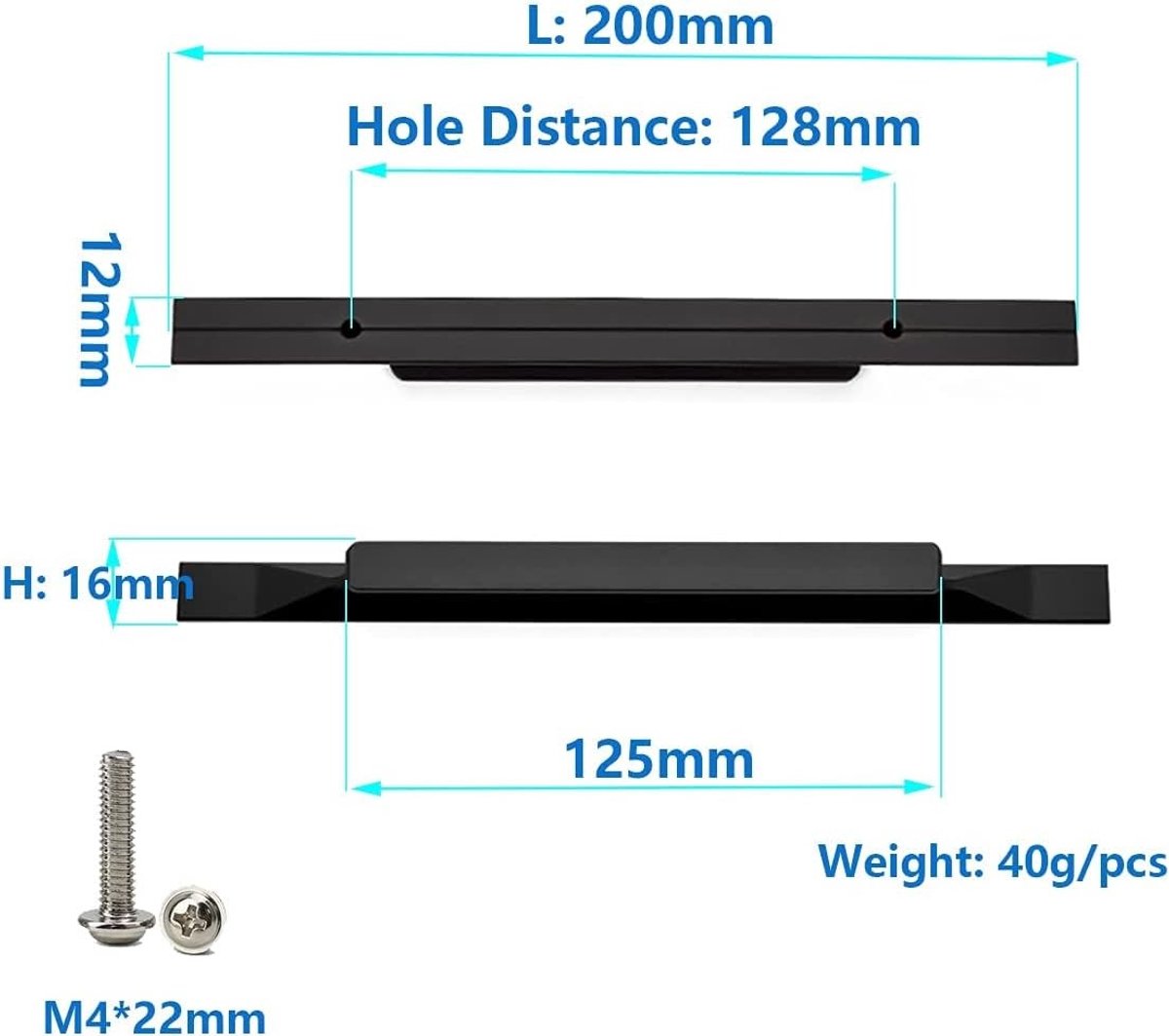 2 x Europese Aluminium Handgrepen voor Keukenkasten, Kleding en Laden - Totale Lengte 200mm, Gatafstand 128mm, Modern Design en Duurzaam Materiaal