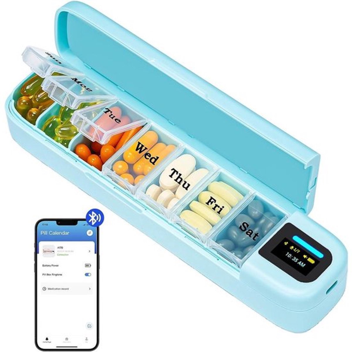 Slimme pillendoos met wekker, pillenvakje en 7-daagse medicatieherinnering; geschikt voor vitamines, supplementen en medicijnen.