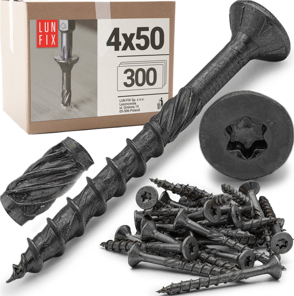 LUN FIX - Spanplattenschroeven 4x50 mm - 300 stuks - TX20 (I-Ster) - Zwart Verzinkte, Fräsgroeven