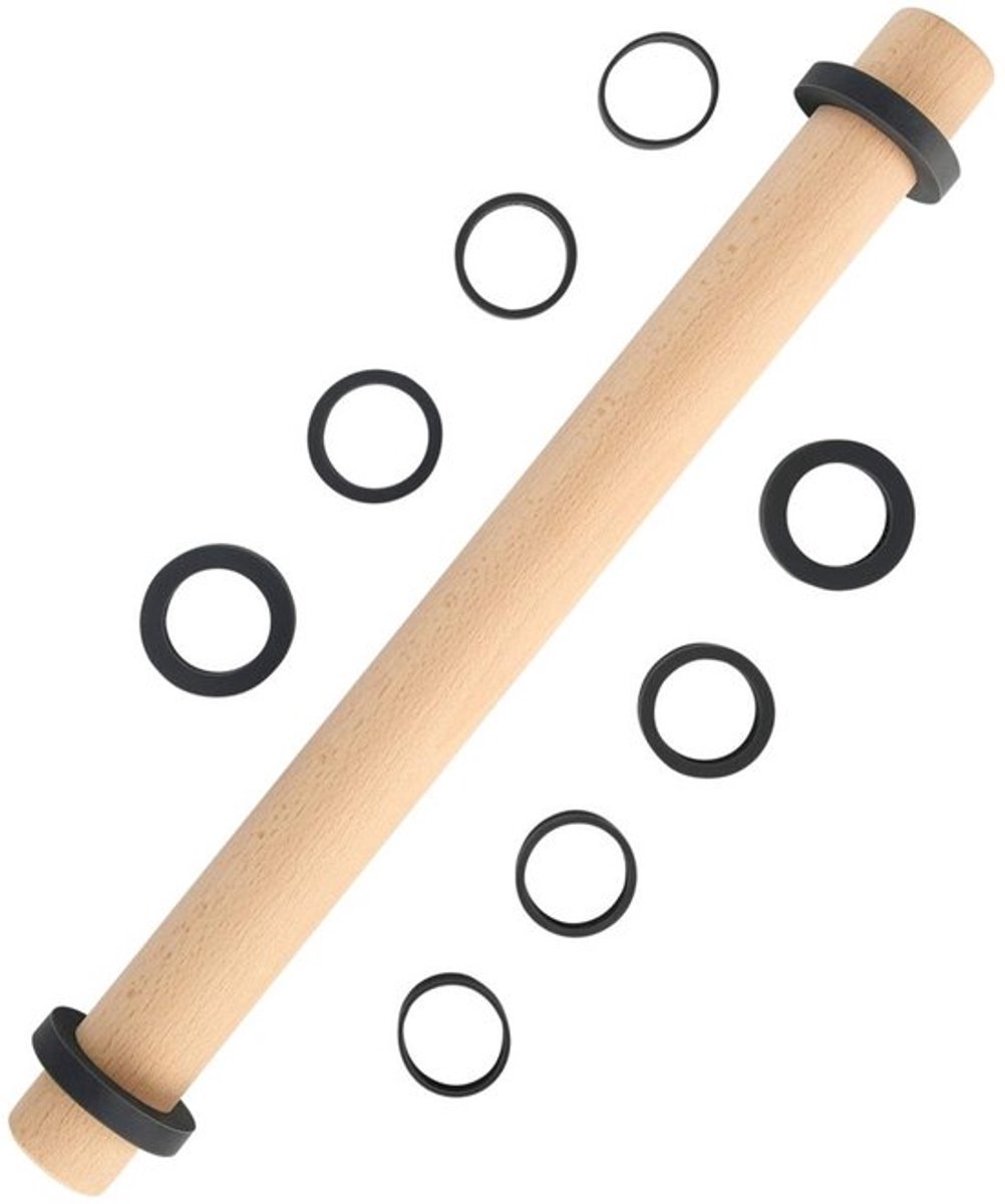 Deegroller 45cm - Beukenhout - 5 Afneembare Siliconen Ringen - Bakaccessoires - Antikleef - Natuurlijke en Gezonde Materialen - Bakroller