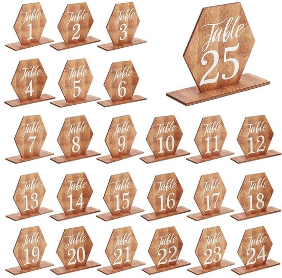 Tafelnummers Set van 25 - Zeshoekig - Houten Basis - Bruiloft Decoratie - Tafelstukken - 8,4 x 8,4 cm - Tafelkaartjes