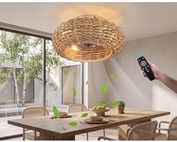 Vintage Plafondventilator met Verlichting & Afstandsbediening – Bamboe & Rotan Design [Energieklasse D]