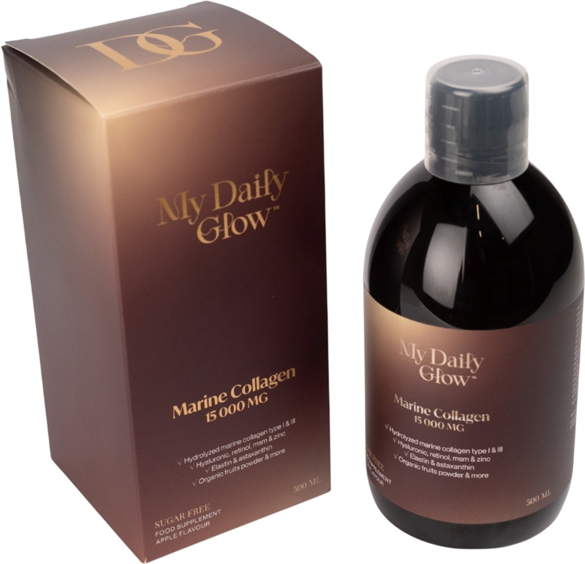 My Daily Glow - Liquid-Marine Collageen (extra krachtig 15.000 mg) type 1 en 3 perfect voor de elasticiteit en stevigheid van de huid. Suikervrij. Vermindert rimpels en versterkt de huidstructuur. 100% natuurlijk