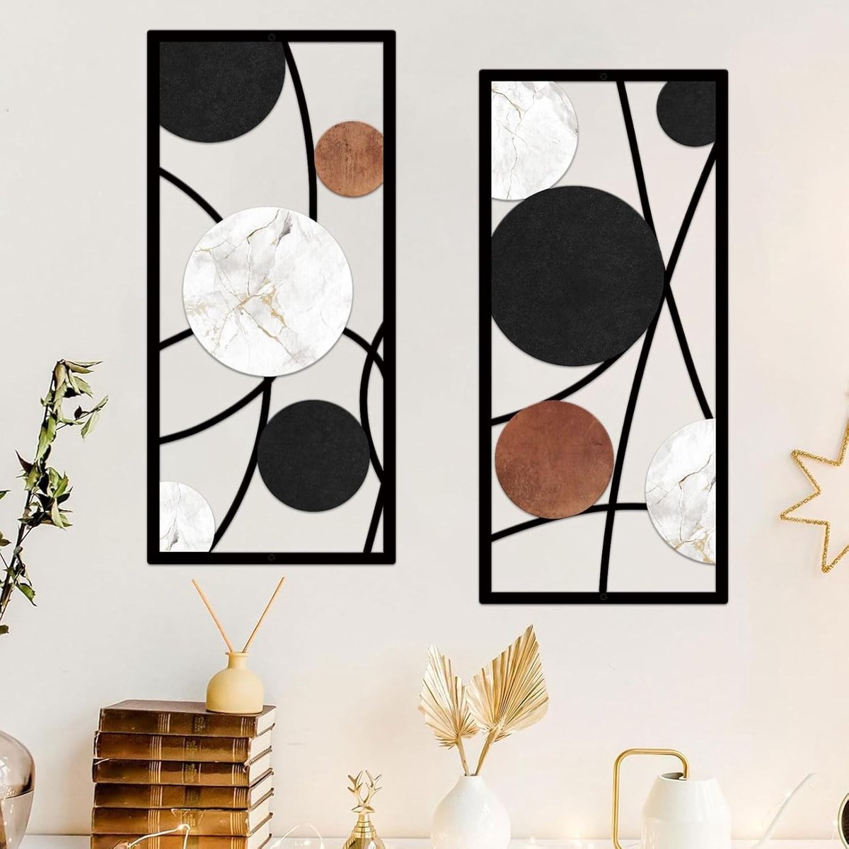 Set van 2 metalen muurdecoraties, abstracte geometrische cirkels met marmeren textuur, moderne zwart-witbruine muursculpturen voor woonkamer, slaapkamer en kantoorinterieur