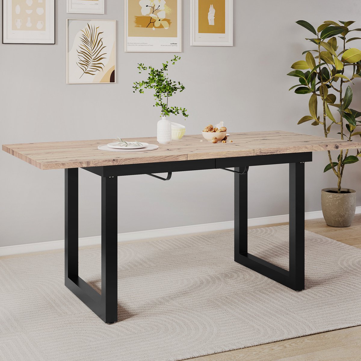 MEUNIQ uitschuifbare eettafel 140/180 x 80 x 75 cm, rechthoekig, industriële stijl, MDF en metaal, zwart/naturel voor eetkamer