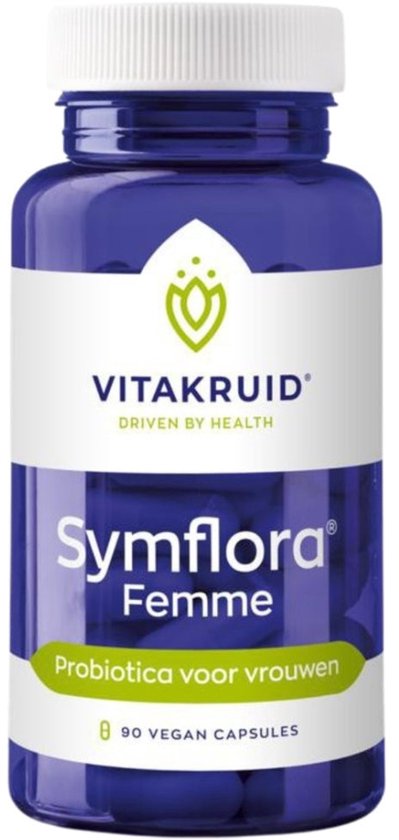 Blauwe pot met witte dop, met logo, Vitakruid, Symflora Femme, Probiotica voor vrouwen, 90 vegan capsules.