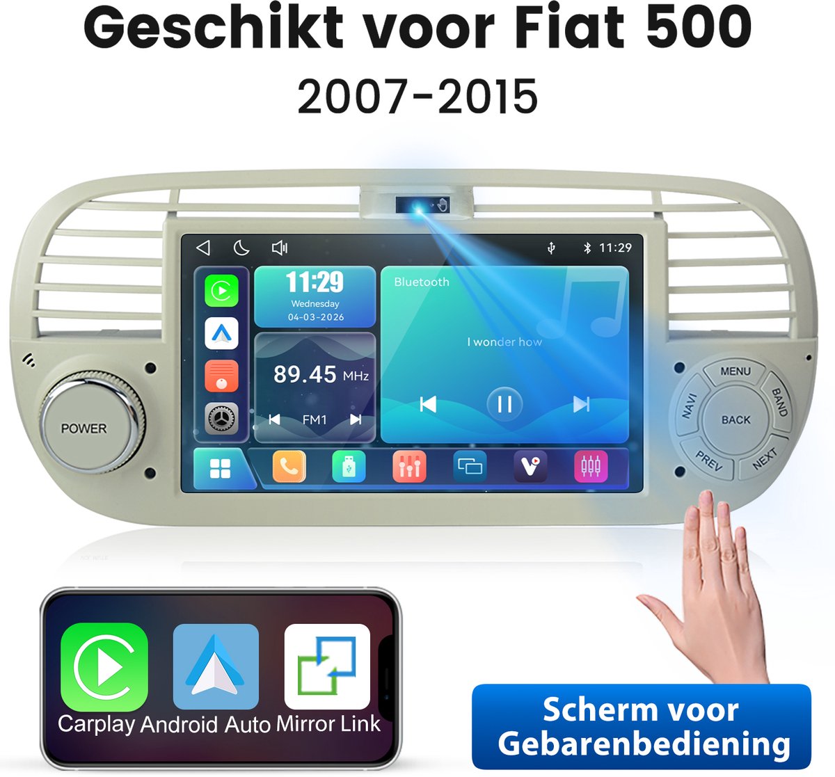 Junsun linux Autoradio Met Bluetooth Geschikt voor Fiat 500 2007-2015 - Draadloze CarPlay & Andriod Auto - GPS Multimedia - 7 inch Touchscreen - Stuurwielbediening - WiFi - RDS - Gebarenherkenning
