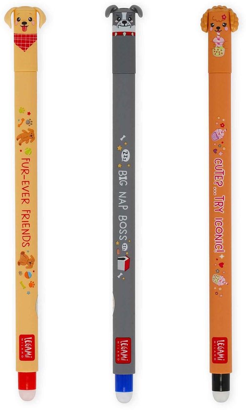 Trois stylos effaçables Legami. Jaune avec des chiens, 'FUR-EVER FRIENDS'. Gris avec tête de chien, 'BIG NAP BOSS'. Orange avec des chiens, 'CUTE?...TRY ICONIC!'.