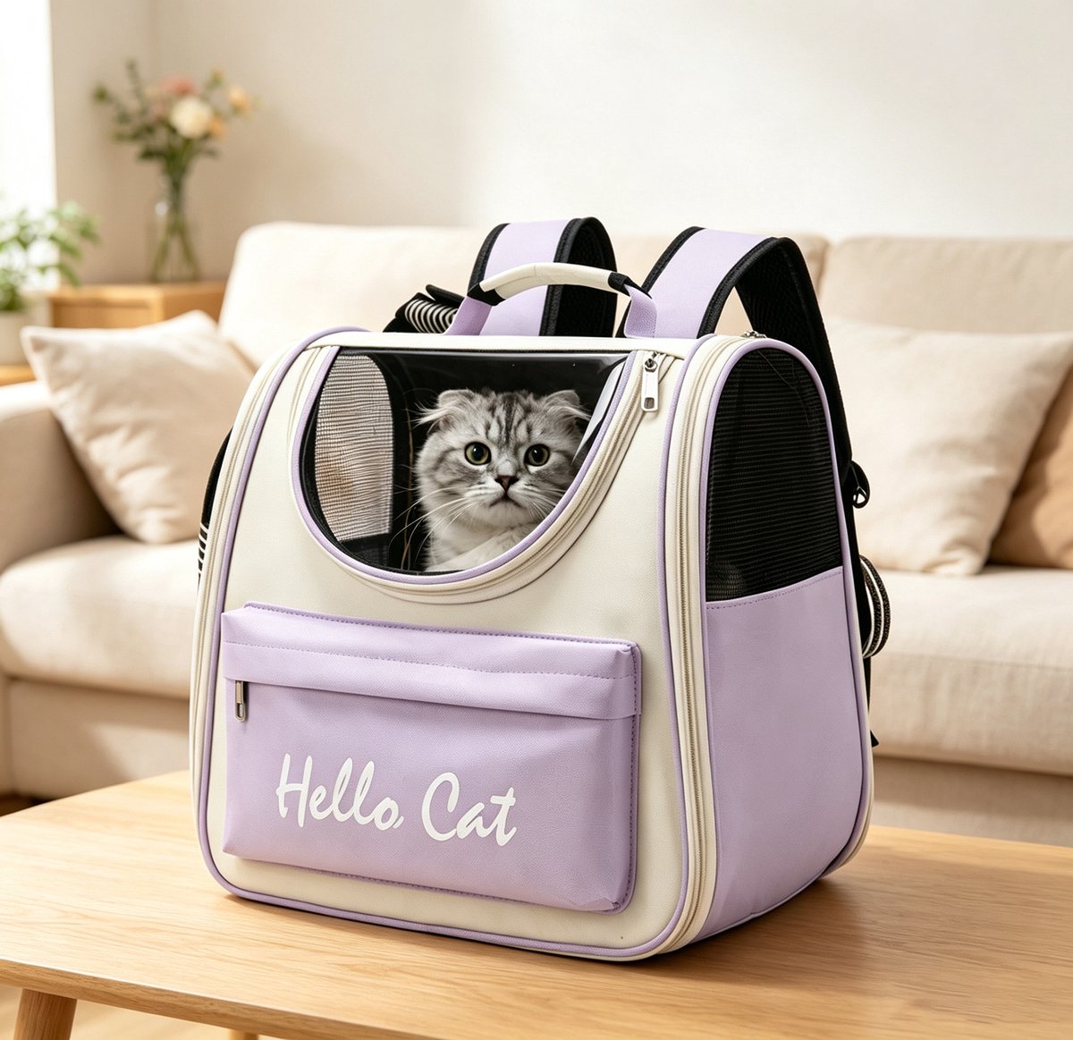 Rugzak voor huisdieren met grote capaciteit capsulevormig ontwerp geschikt voor grote katten ademend en comfortabel ideaal voor reizen en wandelingen Lichtpaars afmetingen 39*26*33 cm