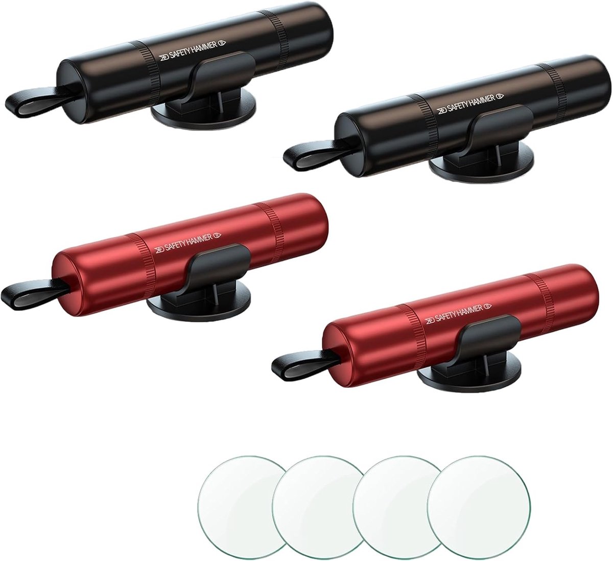 Autoglasbreker - Gordelsnijder - ruitenbreker - Noodglasbreker - Met testglas - 2-in-1 autoveiligheidshamer - 4 stuks - Rood, Zwart