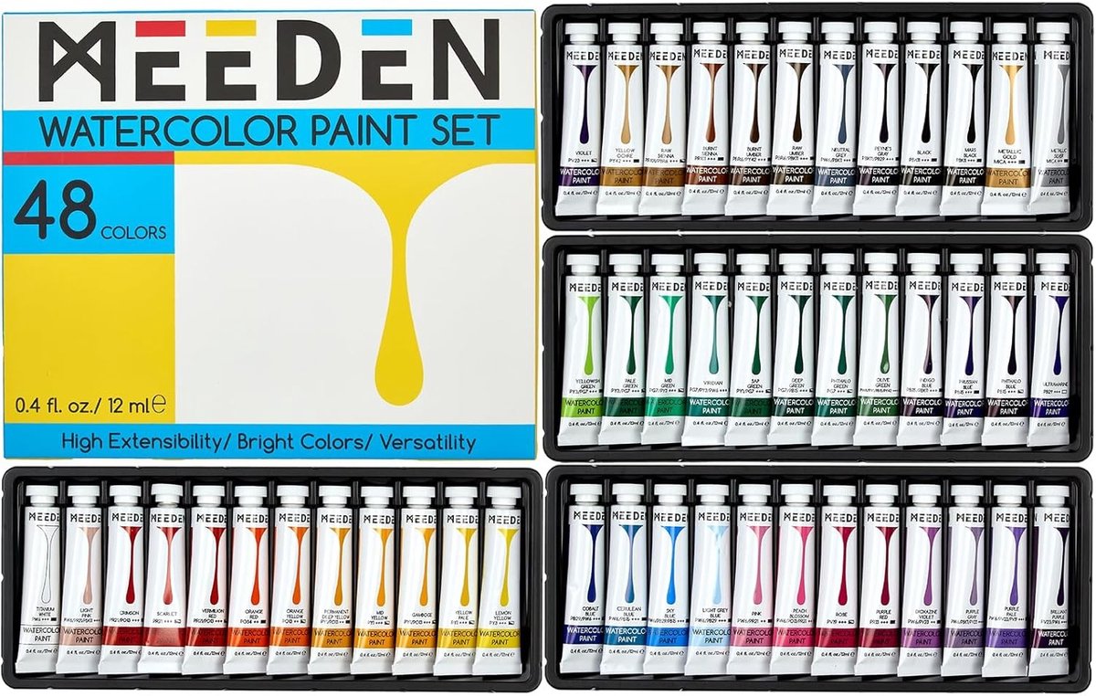48 Waterverf Tubes Set - 48 x 12 ml Kleuren, Perfect voor Schilderen, Kunstmaterialen voor Beginners en Studenten