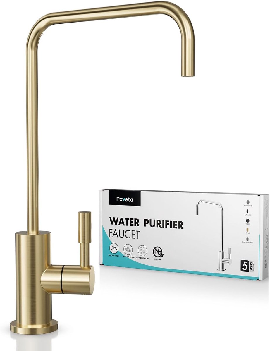 SnelShoppen - Poveta Drinkwaterkraan - Keukenkraan voor Omgekeerde Osmose & Waterfiltersysteem - L-vormig, Roestvrij Staal, 360° Draaibaar, Loodvrij,