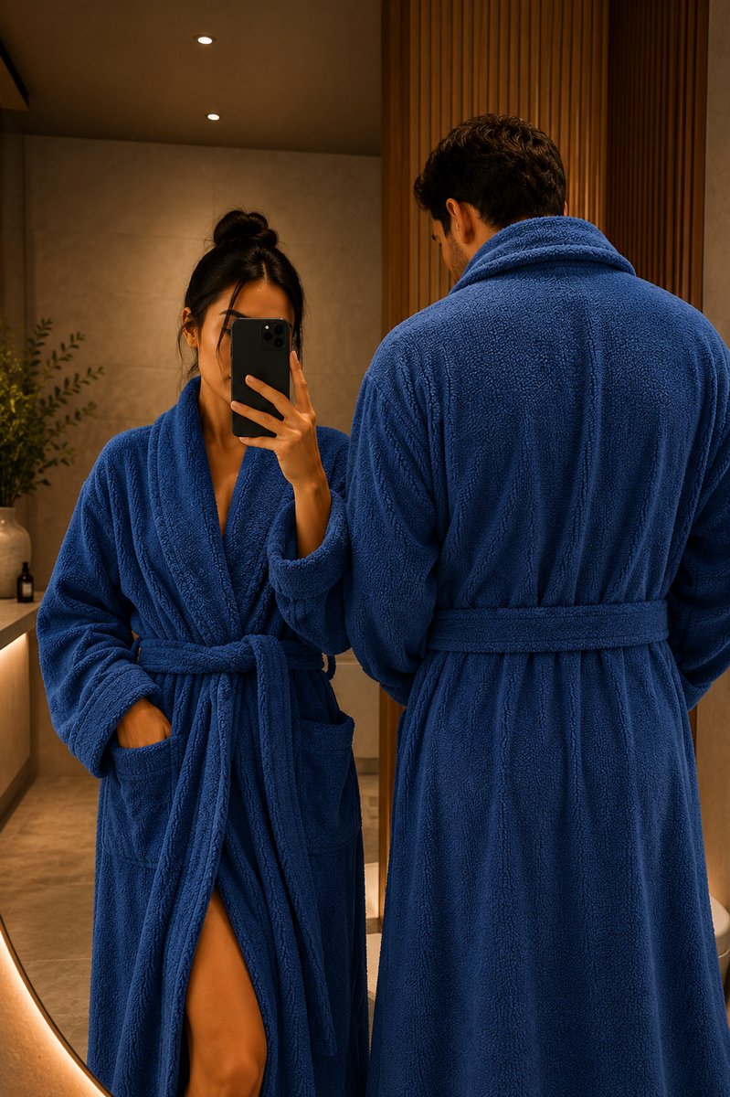 The Linen Room Badjas Set voor Koppels – 2 Badjassen 450 GSM – 100% Katoen – Hotelkwaliteit – Unisex – Donkerblauw-XXL