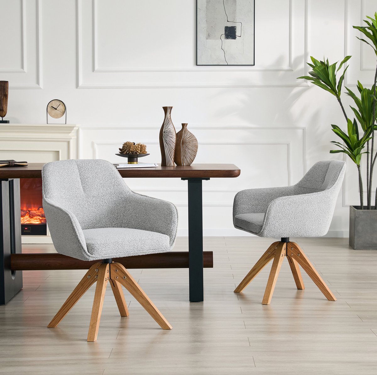 MEUNIQ 2-delige grijze draaibare eetkamerstoelen met armleuningen, stoffen bekleding, ergonomische rugleuning en houten onderstel voor de eetkamer Grijs