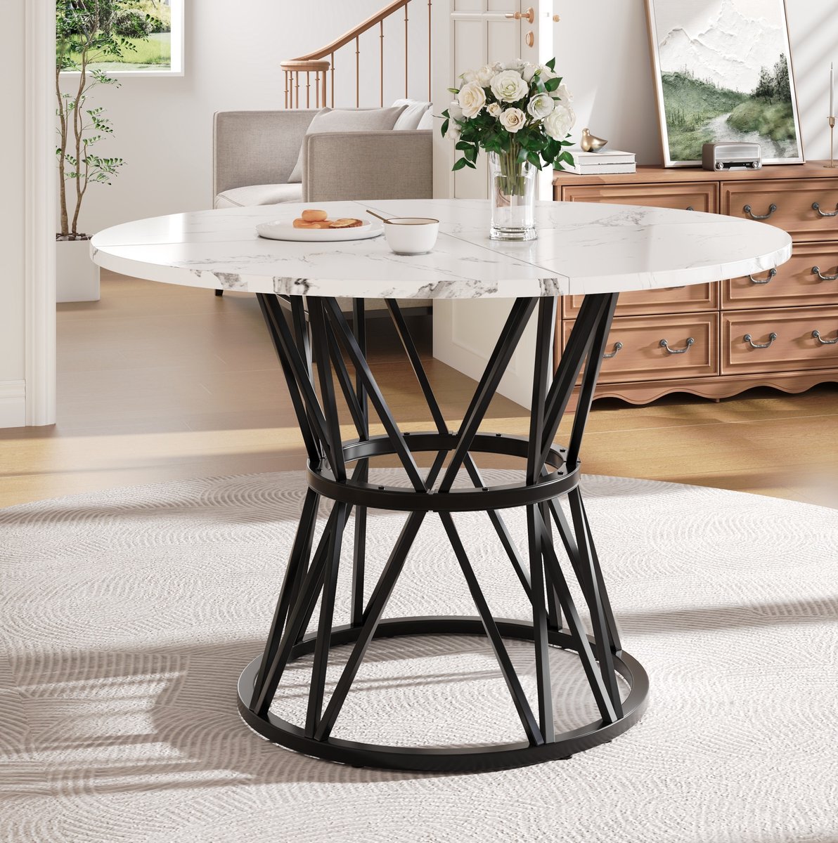MEUNIQ ronde eettafel 100 cm - MDF marmerlook tafelblad, metalen onderstel, 4 personen, zwart, voor eetkamer en woonkamer