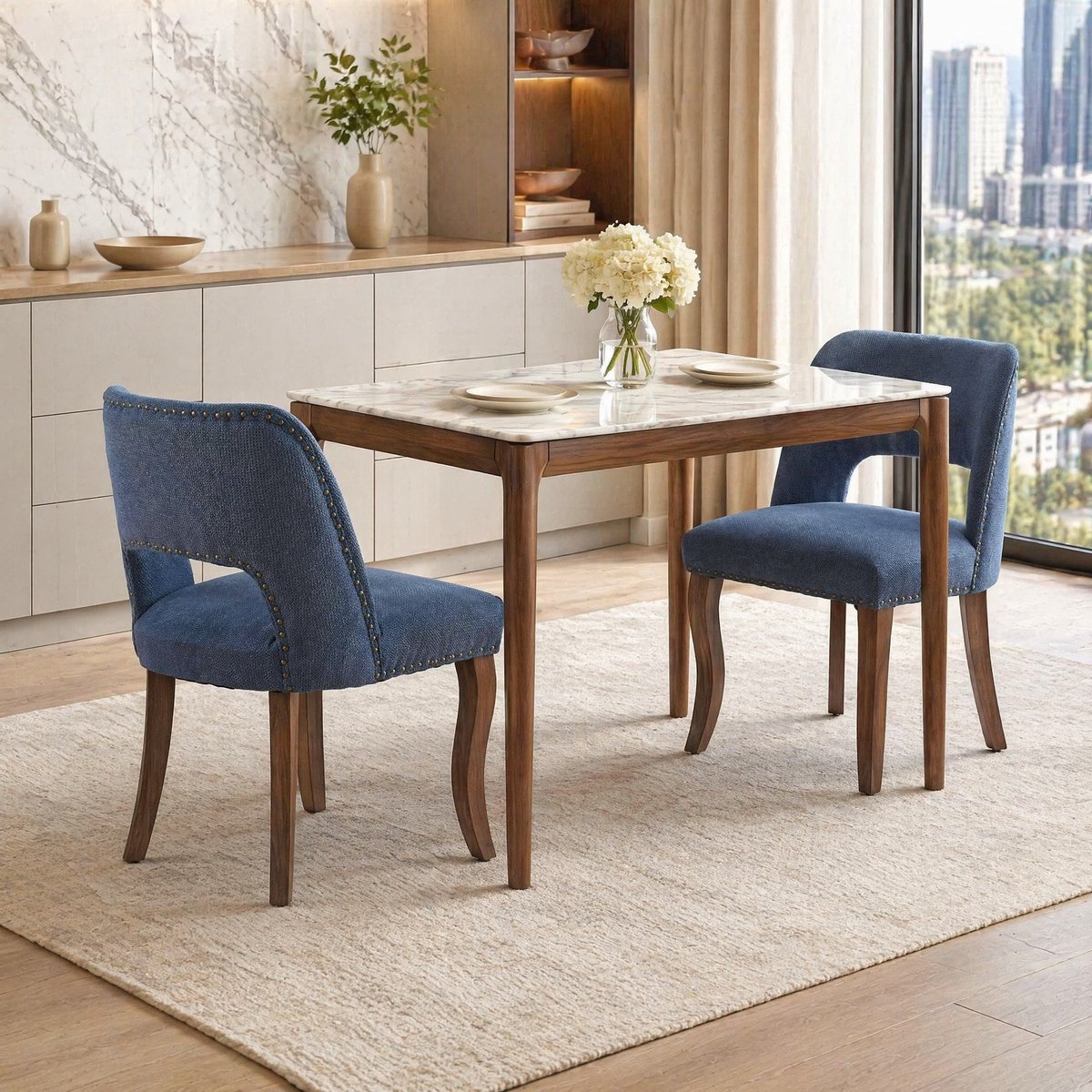 MEUNIQ Set van 2 blauwe eetkamerstoelen met gestoffeerde zitting, opengewerkte rugleuning, houten poten en klassieke uitstraling voor de eetkamer Blue
