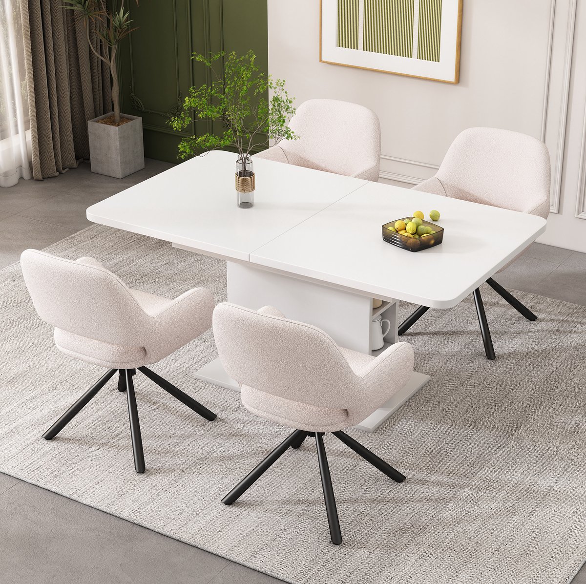 MEUNIQ draaibare kuipstoel met armleuningen, sherpa bekleding, wit, set van 4, voor eetkamer en keuken