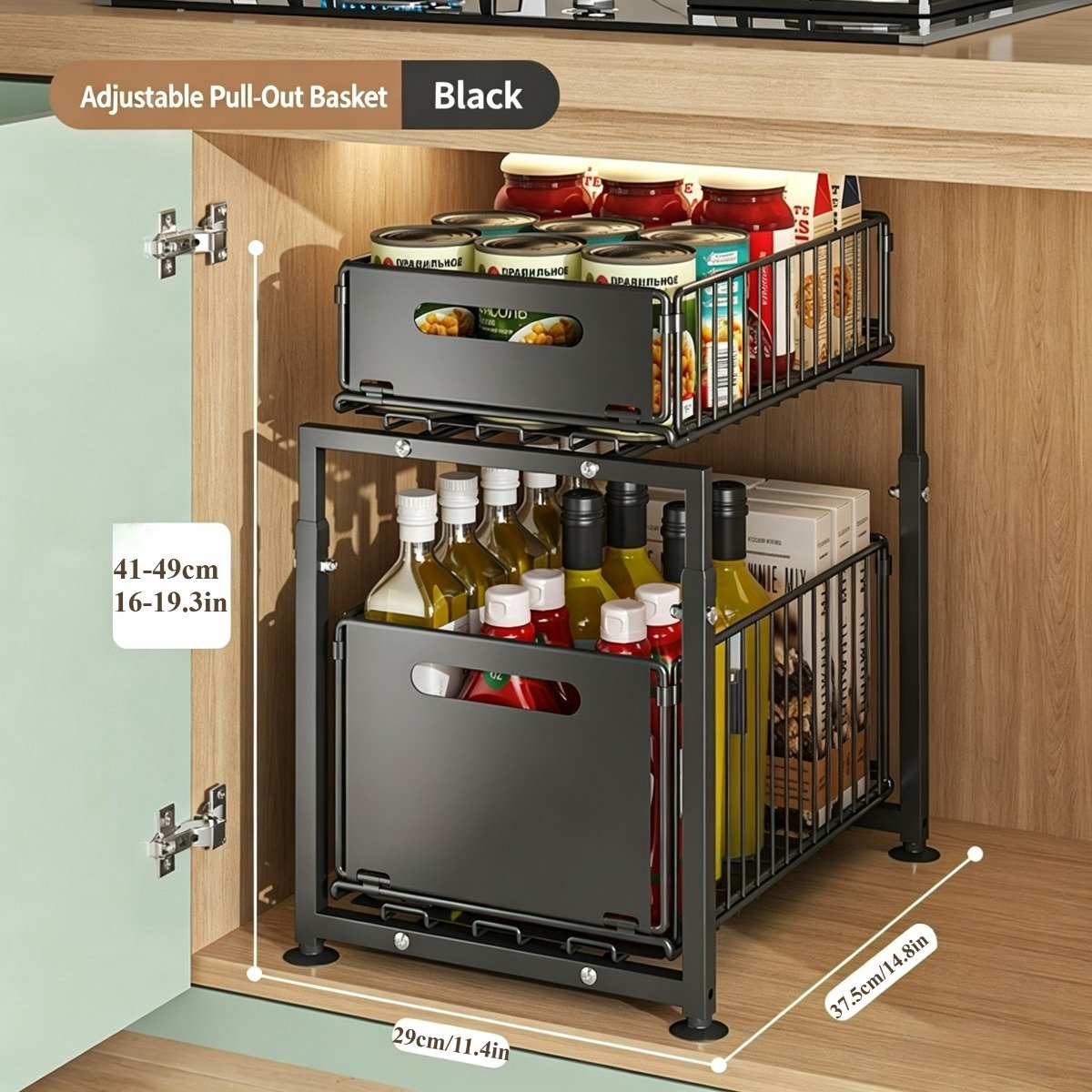 2-laags uittrekbare keuken opbergrek onder kast, zwarte metalen draadmand lade organizer, schuifbare opbergbak voor keukenkast, voor potten pannen voorraad, onderaanrecht opbergoplossing voor keuken en badkamer opruiming — cadeau in Cadeau-ideeën - foto 5