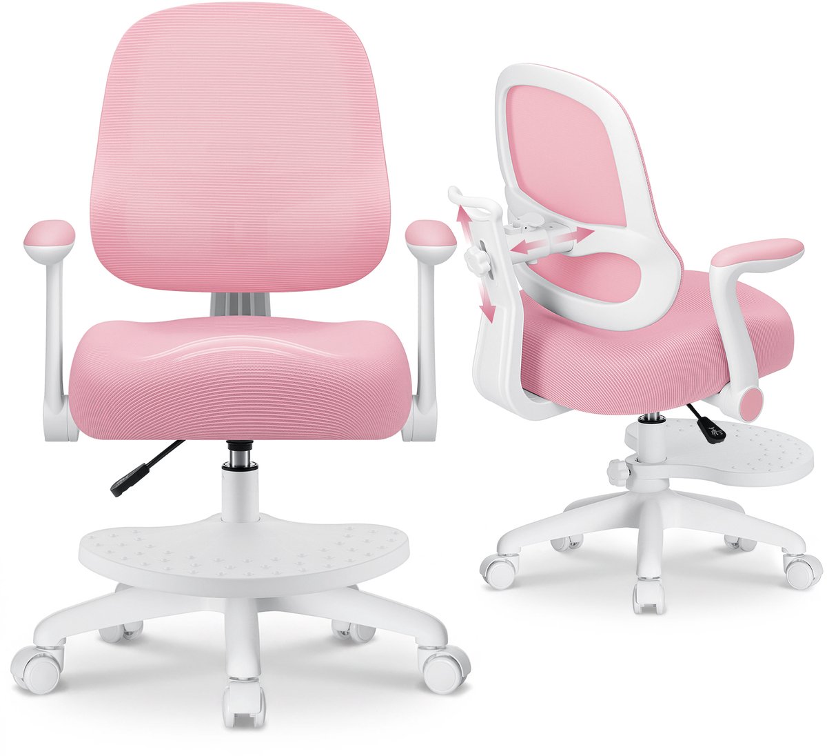 HOFFREE Ergonomische Kinderbureaustoel Roze - Verstelbare Rugleuning, Zadelzitting, Opklapbare Armleuningen, Voetensteun, Vergrendelbare Wielen, 360° Draaibaar - Mesh - Voor Kinderen 5-13 Jaar