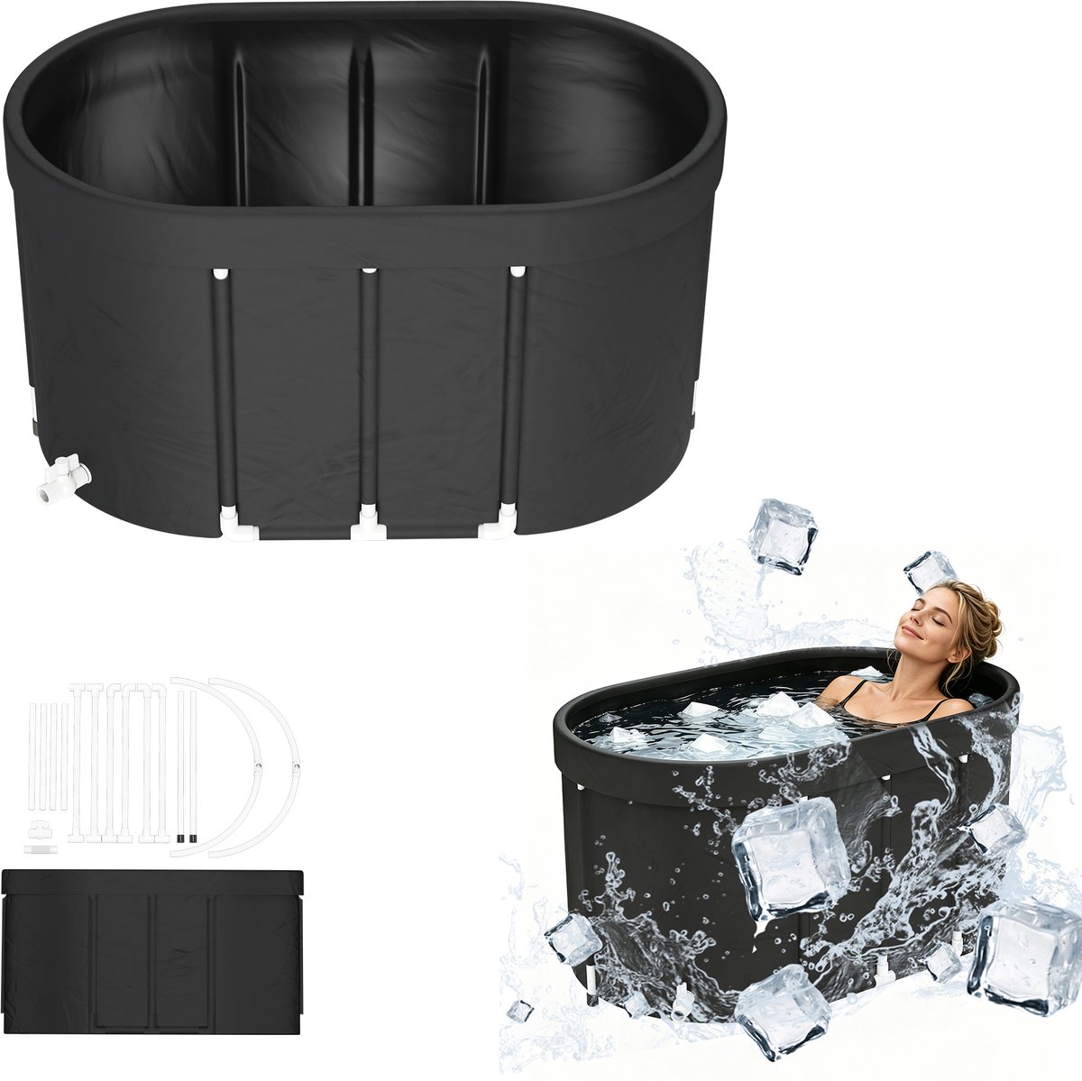 IJsbad Ton 512L - Opvouwbare Dompelbad met Deksel - Ice Bath Ovaal 115x68x66 cm - Koudwaterbad voor Herstel & Sport - Cold Plunge met 6-Laagse Isolatie - Zwart