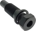 Zwarte kettingspanner met schroefdraad, zeskantkop en een ring.