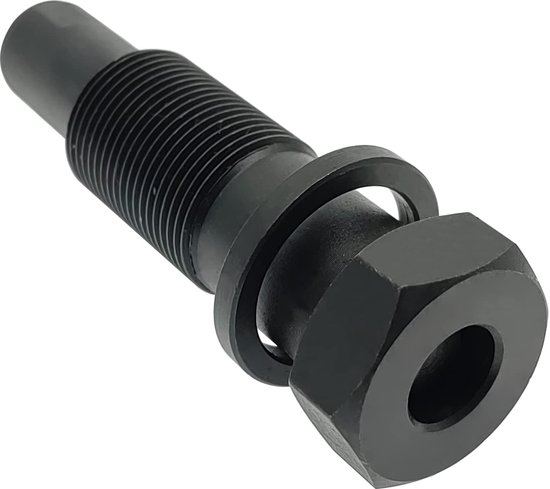 Zwarte kettingspanner met schroefdraad, zeskantkop en een ring.