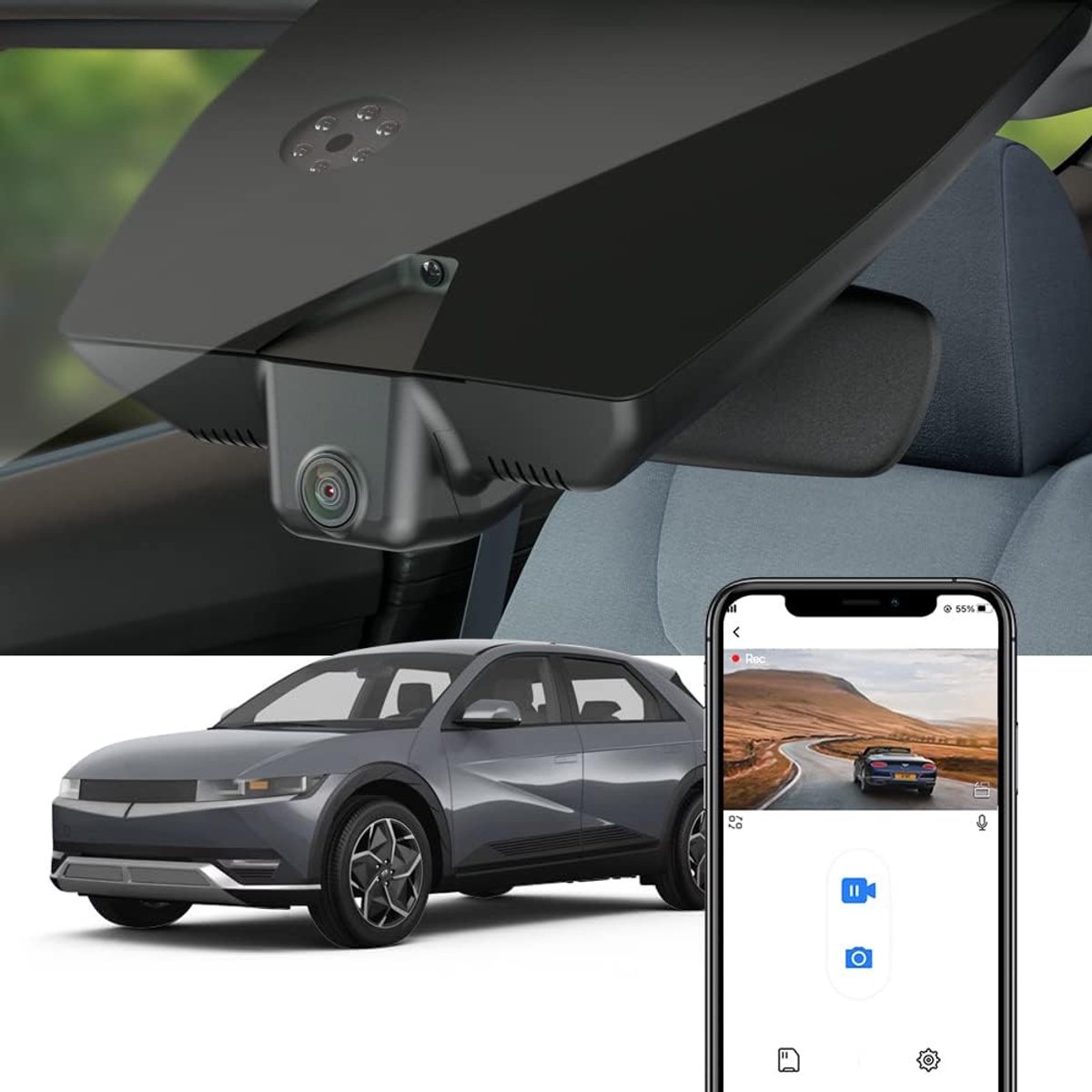 SnelShoppen - Dashcam 4K voor Hyundai IONIQ 5 2022 2023 2024 - Auto Dimming Mirror, UHD Video 2160P, WiFi, Nachtzicht, Loop Recording, G-Sensor, WDR,