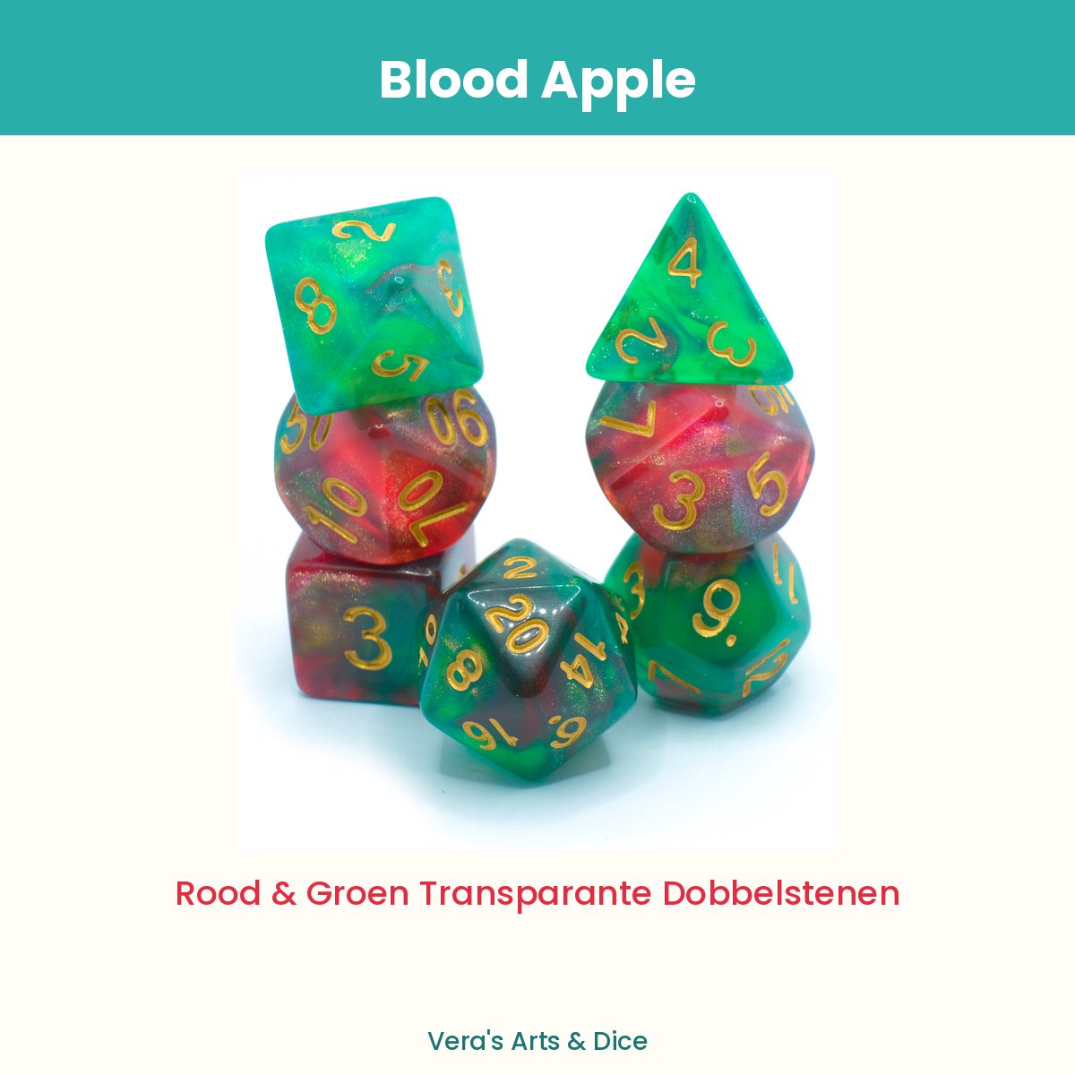 Blood Apple - Vera's Arts & Dice - Dobbelstenen Set - 7-delig - Rood Groen Goud - D&D RPG