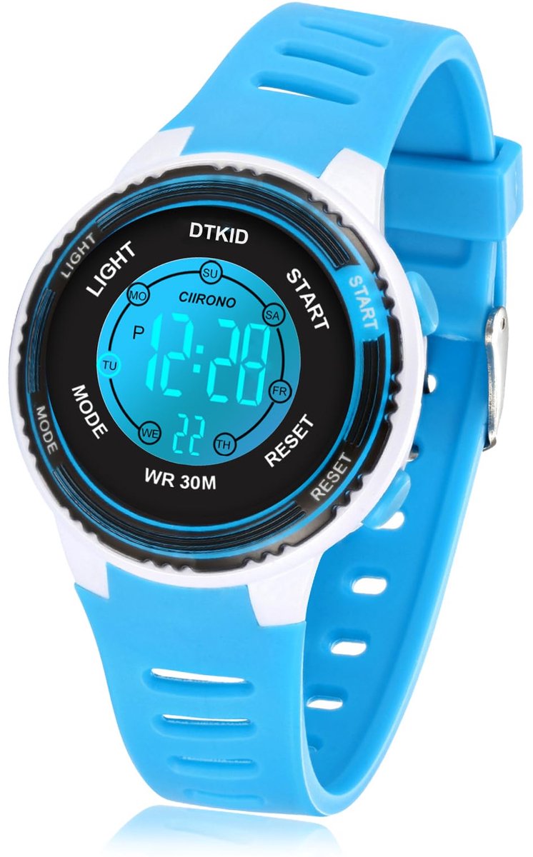 SnelShoppen - DTKID Digitaal Horloge voor Kinderen, 7 Kleuren, Waterdicht Sporthorloge met Timer, Wekker en Kalender voor Jongens en Meisjes, Lichtbla