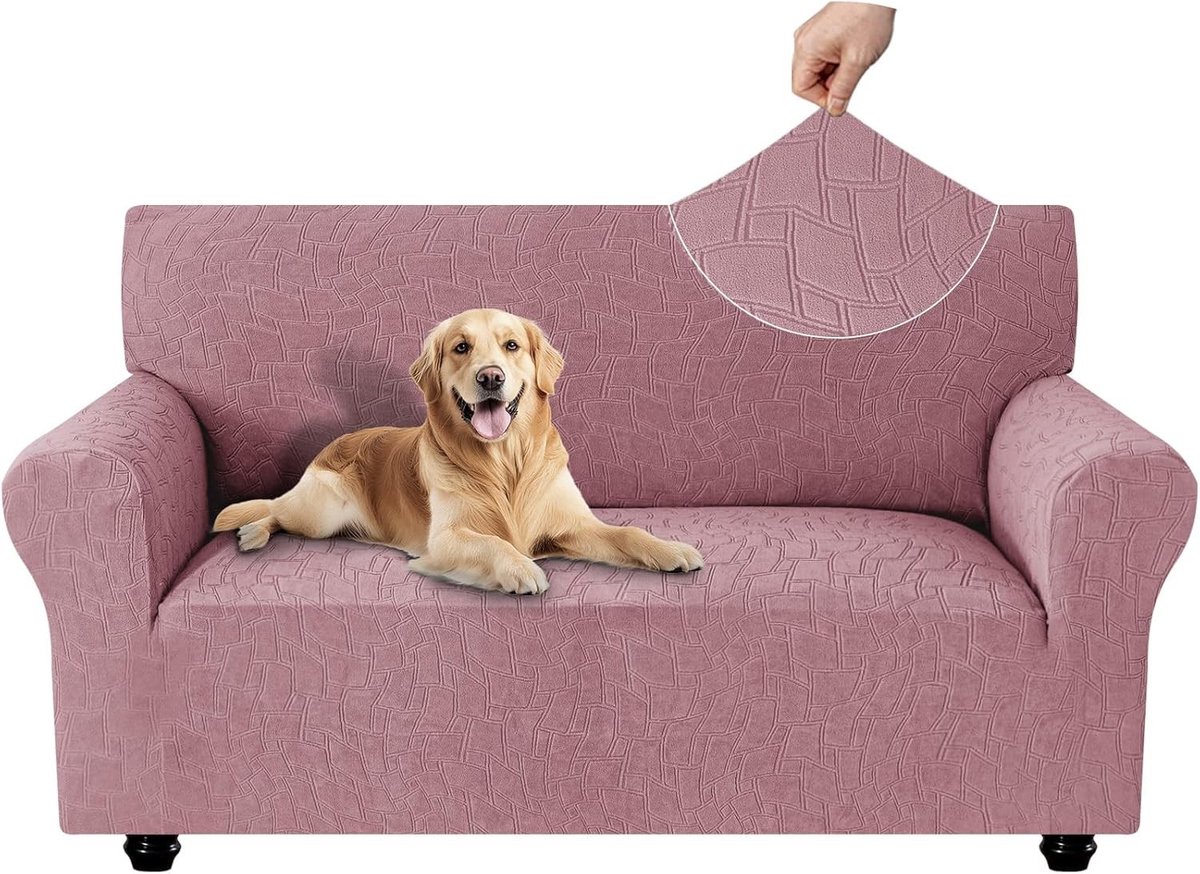 Stretch Sofa Cover 2 Zits, Universele Hoes voor Bank met Armleuningen, Vlek- en Krabbestendig, Antislip Schuim, Geschikt voor Woonkamer, Roze, Ideaal voor Huisdieren en Bescherming