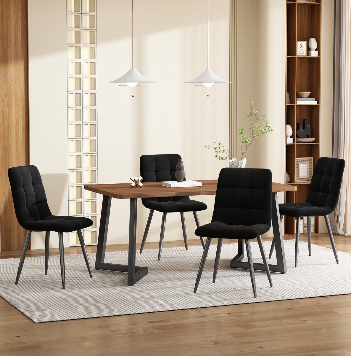 MEUNIQ 5-delige eetkamerset met eettafel en 4 fluwelen stoelen, walnootkleurig MDF tafelblad, zwarte metalen poten, voor keuken en eetkamer
