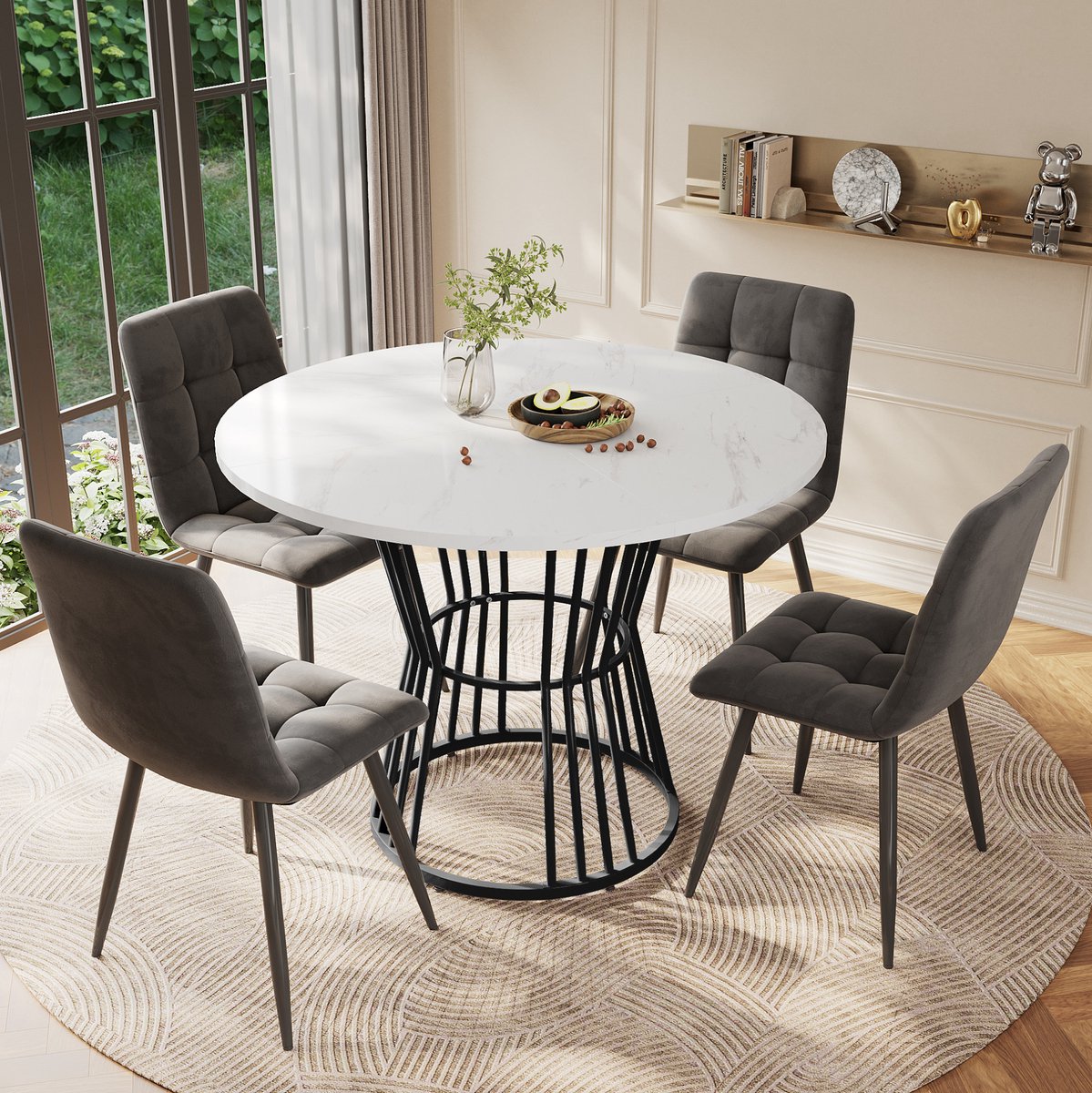MEUNIQ ronde eettafel 100 cm met wit marmerlook MDF tafelblad en zwart metalen onderstel, 75 cm hoog voor eetkamer, keuken of werkkamer