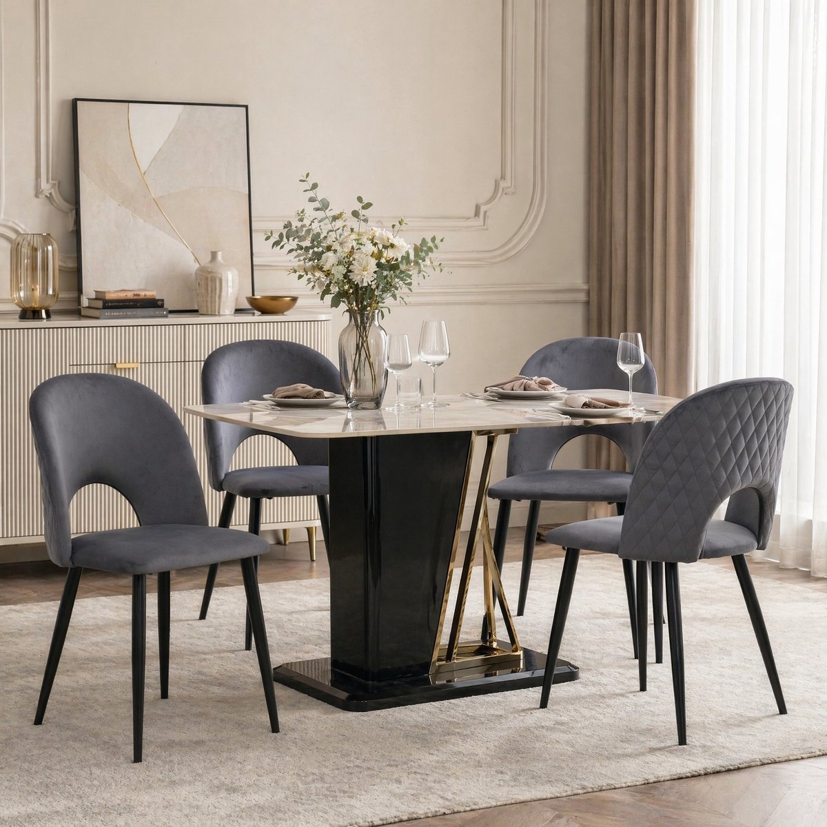 MEUNIQ Grijze eetkamerstoelen set van 4, zachte velvet zitting, metalen onderstel, open ru