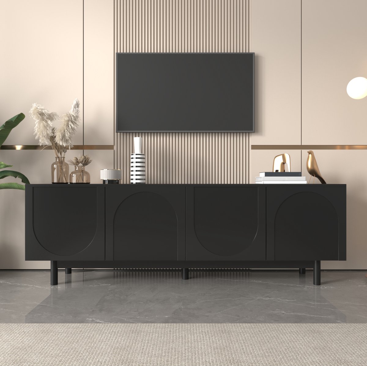 COVREO TV meubel 175 x 38 x 56 cm zwart – 4 deuren, push-to-open, verstelbare planken