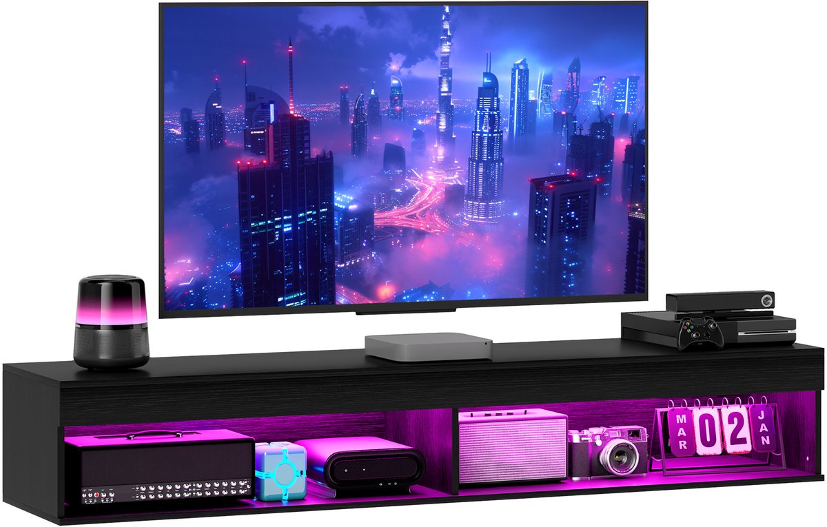 Sogiol® Zwevend TV-meubel voor schermen tot 75 inch met 16 -kleurige ledverlichting en afstandsbediening - 180x40x30cm - zwart