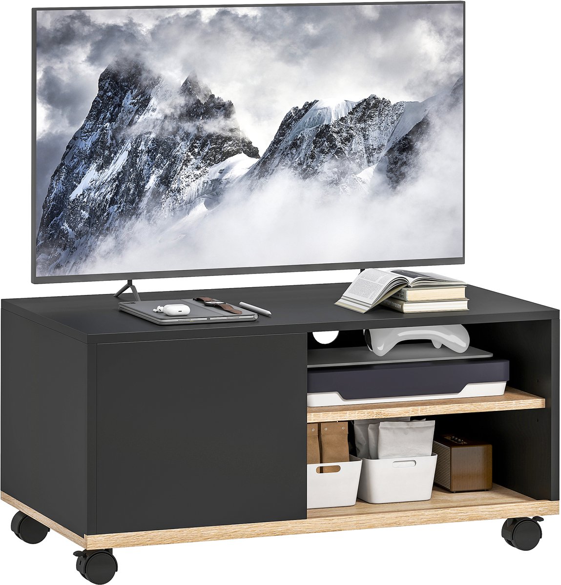 Sogiol® Mobiel - TV-Meubel op Wielen met Kastje en Plank - Zwart en Eiken