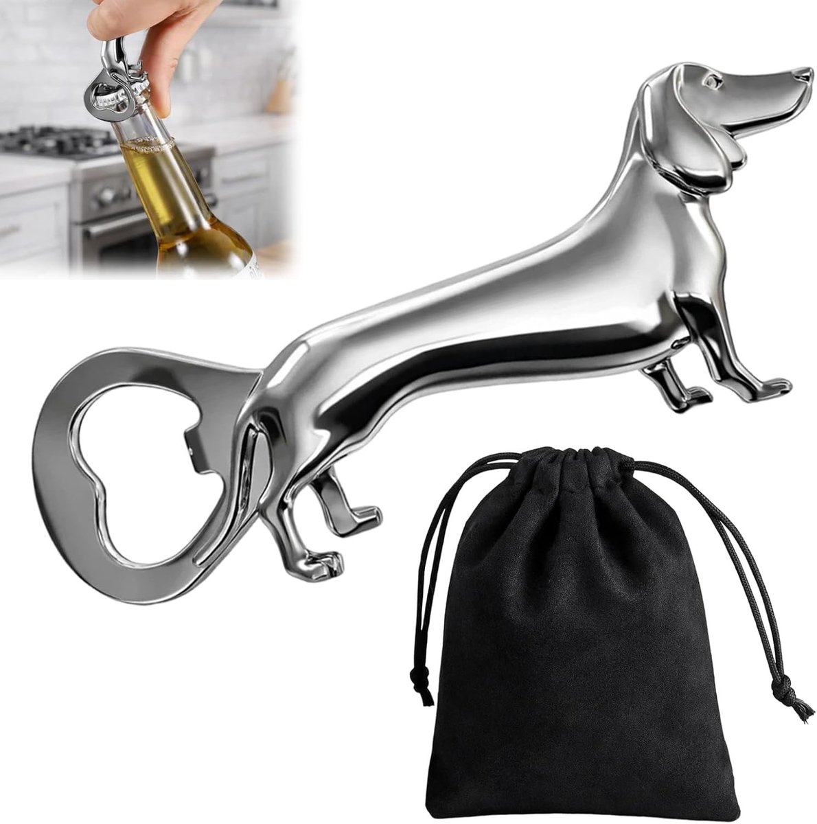 Grappige opener voor flessen in de vorm van een teckel, perfect als cadeau voor mannen en vrouwen, ideaal voor verjaardagen en feestdagen