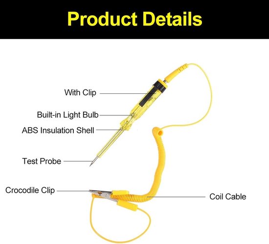 Diagnosetool voor elektrische circuits, DC 6V, 12V, 24V, met kabelspoel en testlamp voor eenvoudig gebruik — afbeelding 2