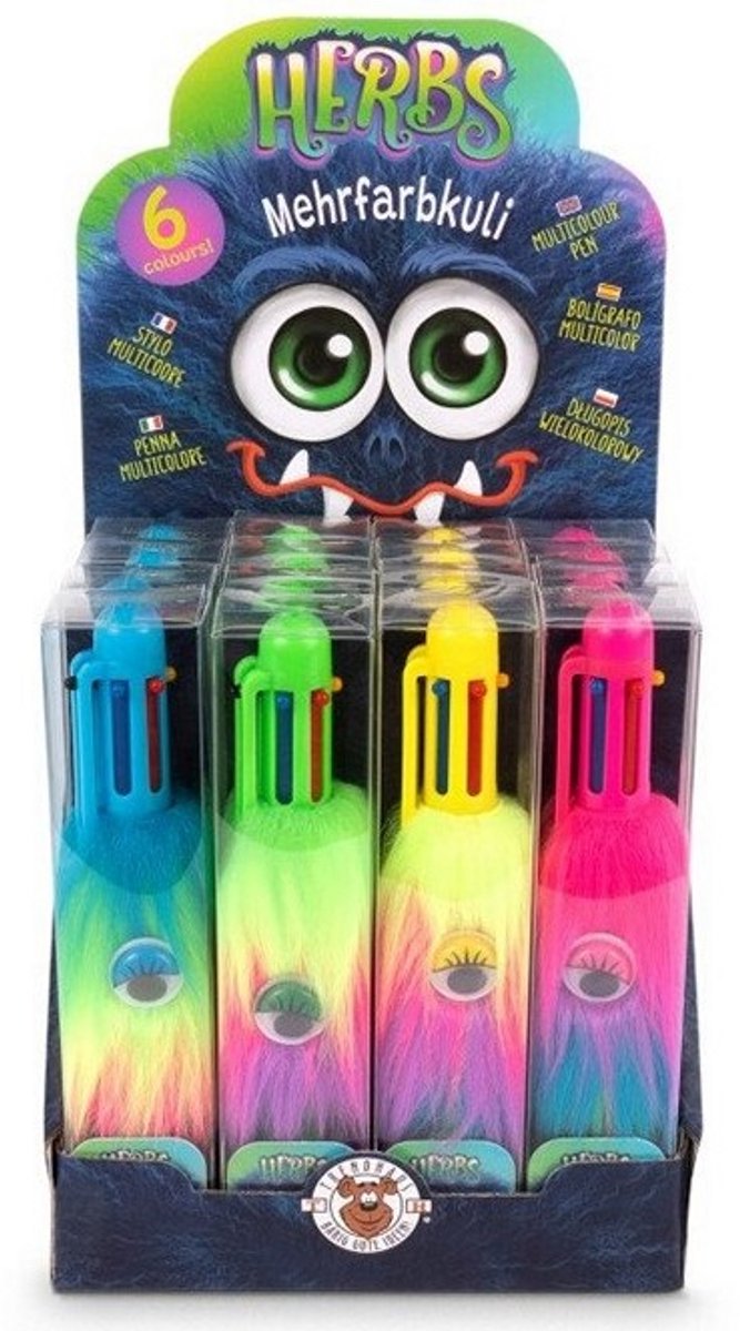 16 stuks Trendhaus Herbs Fluffy Meerkleurenbalpen - 6-in-1 Pen met Wiebeloogje - Voordeelverpakking