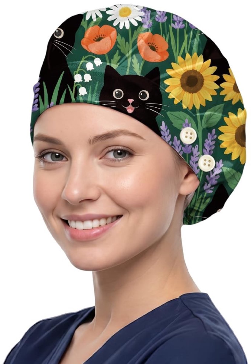 Bouffant schrobmuts met zwarte kat print van katoen voor verpleegsters, koks en huishoudelijk werk met knoop en zweetband