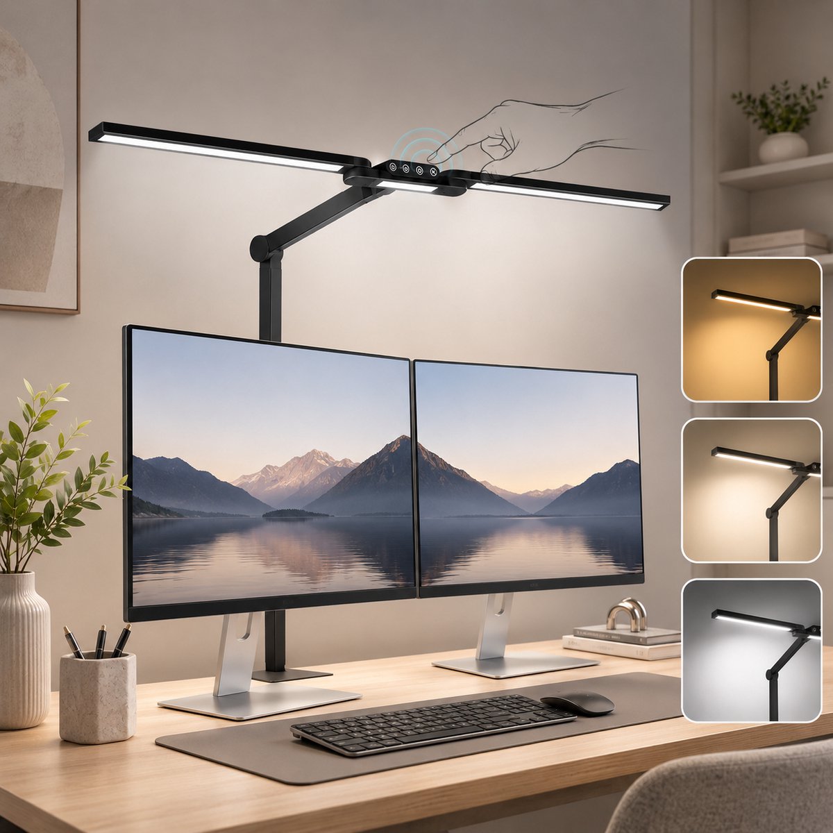 MUPOO Bureaulamp LED 3-Lichts 95 cm met 360° Draaibare Basis -Dimbaar Werklamp met Automatische Lichtsensor - Monitor Lamp met 180° Verstelbare Lampkop- Klemlamp met 2 Verstelbare Lichtbalken & 6 Draaipunten- Hobbylamp voor Tekenen,Werkbank